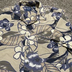 Bleu by Arrow Mens Floral short sleeve‎ button down Large shirt Blue/Tan Cotton